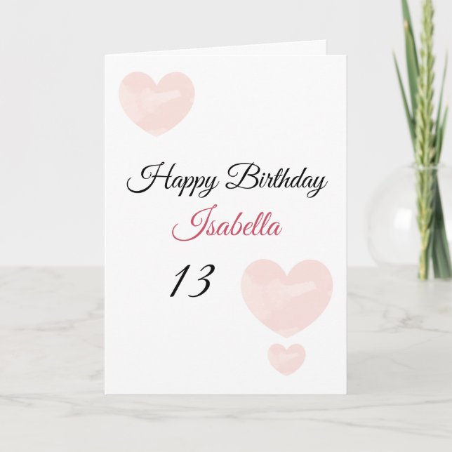 Niedlich Pink Aquarellfarben Gestreifte Herzen 13. Karte (Vorderseite)