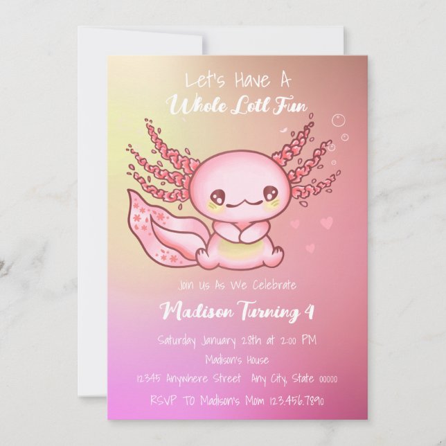 Niedlich Pink Axolotl Geburtstag Einladung (Vorderseite)