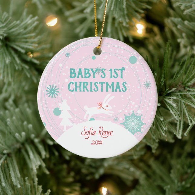 Niedlich Pink Baby Bunny 1. Weihnachten Personalis Keramik Ornament (Baum)