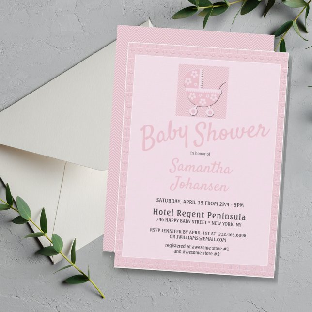 Niedlich Pink Baby Carriage Girls Baby Dusche Einladung (Cute Pink Baby Carriage Baby Shower Invitation)