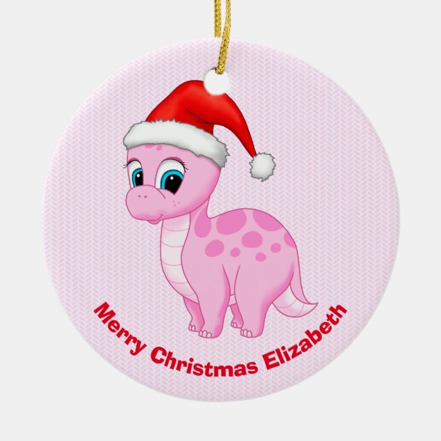 Niedlich Pink Baby Dinosaurier mit Weihnachtsmannm Keramik Ornament (Vorne)