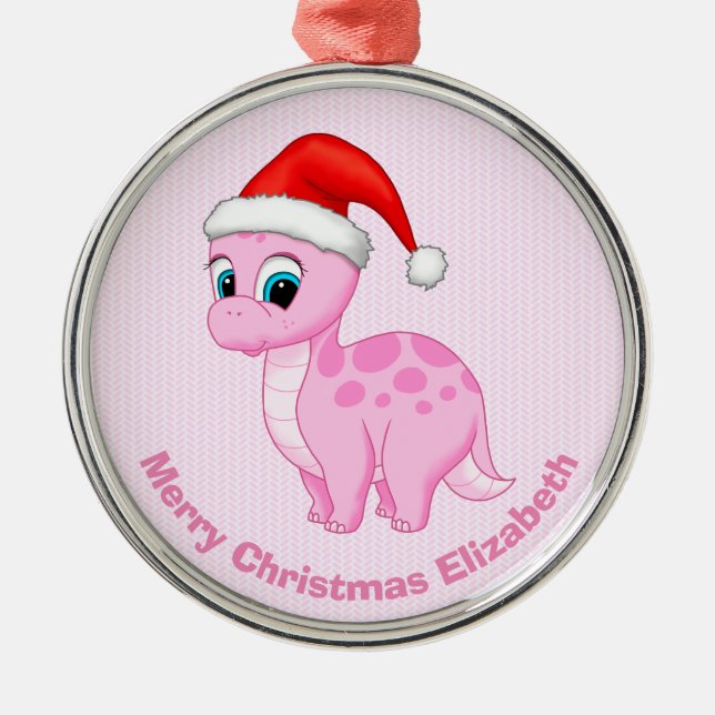 Niedlich Pink Baby Dinosaurier mit Weihnachtsmannm Ornament Aus Metall (Vorne)