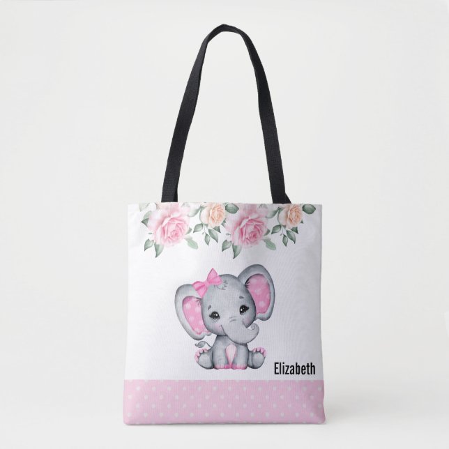 Niedlich-Pink-Baby-Elefant und Rose-Grenze (Vorderseite)