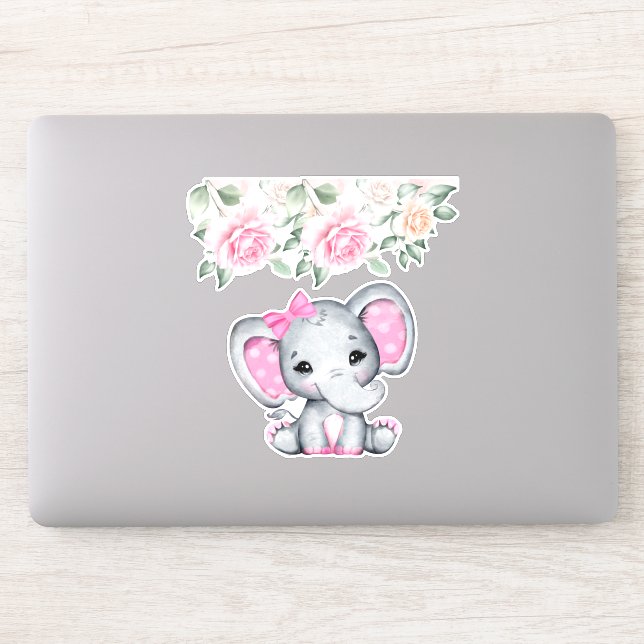 Niedlich-Pink-Baby-Elefant und Rose-Grenze Aufkleber (Computer)
