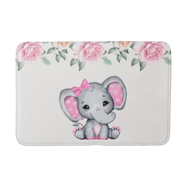 Niedlich-Pink-Baby-Elefant und Rose-Grenze Badematte (Vorderseite)