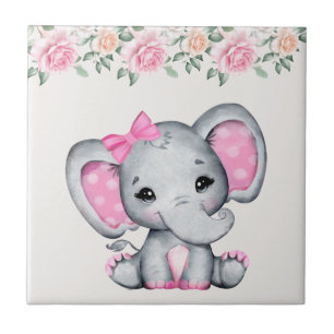 Niedlich-Pink-Baby-Elefant und Rose-Grenze Fliese