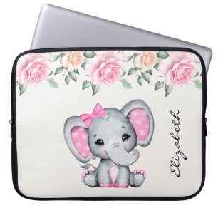 Niedlich-Pink-Baby-Elefant und Rose-Grenze Laptopschutzhülle
