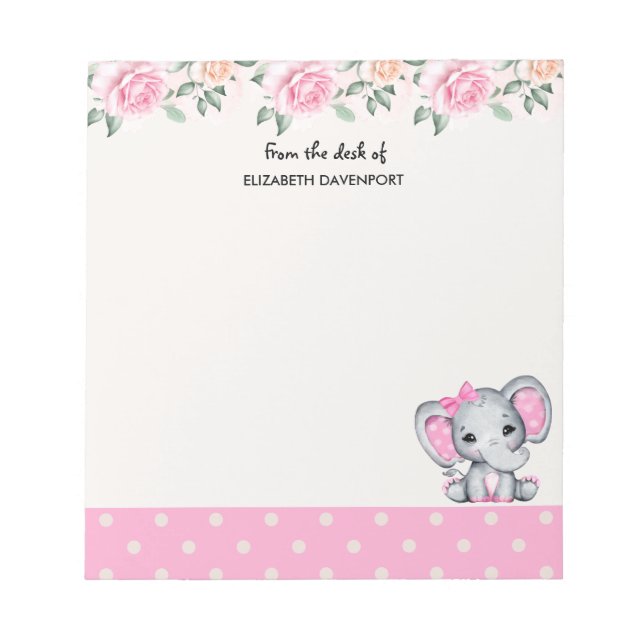 Niedlich-Pink-Baby-Elefant und Rose-Grenze Notizblock (Vorderseite)