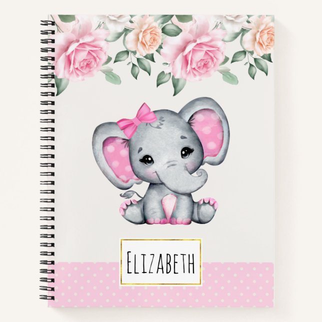 Niedlich-Pink-Baby-Elefant und Rose-Grenze Notizbuch (Vorderseite)