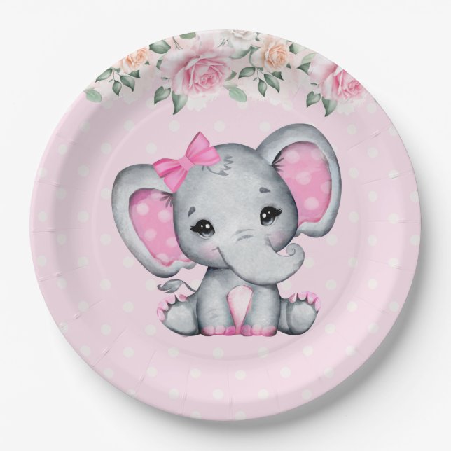 Niedlich-Pink-Baby-Elefant und Rose-Grenze Pappteller (Vorderseite)