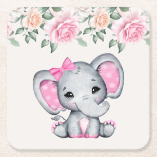 Niedlich-Pink-Baby-Elefant und Rose-Grenze Rechteckiger Pappuntersetzer