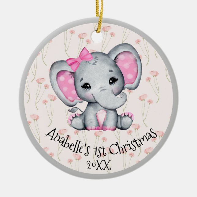 Niedlich Pink Baby Elephant 1. Weihnachten Keramik Ornament (Vorne)