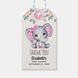 Niedlich Pink Baby Elephant and Rose Babydusche Geschenkanhänger