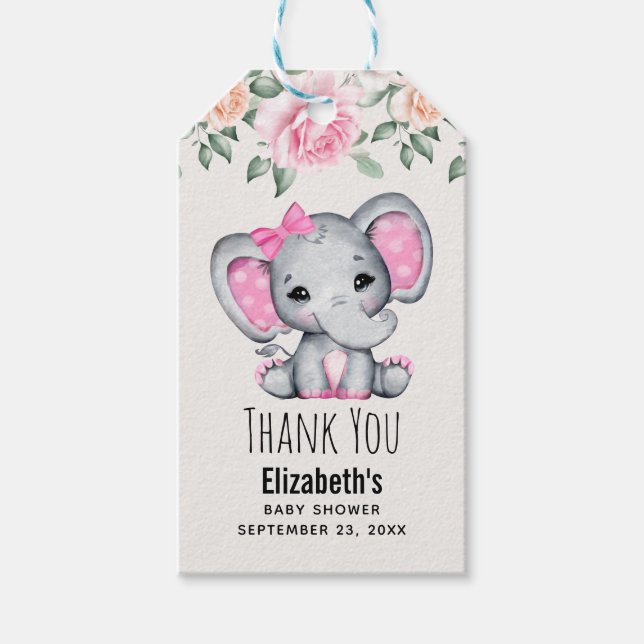 Niedlich Pink Baby Elephant and Rose Babydusche Geschenkanhänger (Vorderseite)