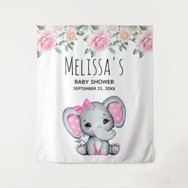 Niedlich Pink Baby Elephant and Rose Babydusche Wandteppich (Vorderseite)