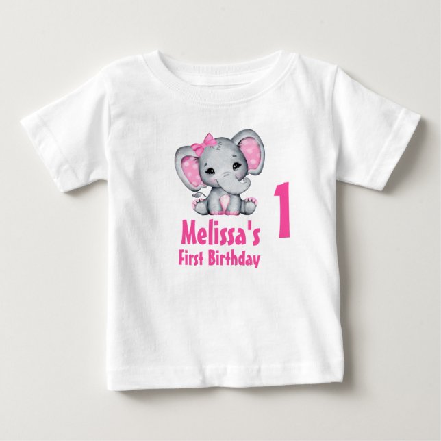 Niedlich Pink Baby Elephant Erster Geburtstag T-shirt (Vorderseite)