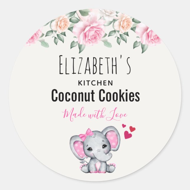 Niedlich Pink Baby Elephant & Rose Aquarell Küche Runder Aufkleber (Vorderseite)
