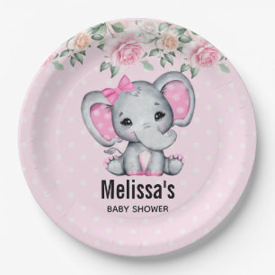 Niedlich Pink Baby Elephant und Rose Grenz Dusche Pappteller