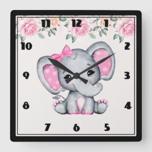 Niedlich Pink Baby Elephant und Rose Grenze Quadratische Wanduhr