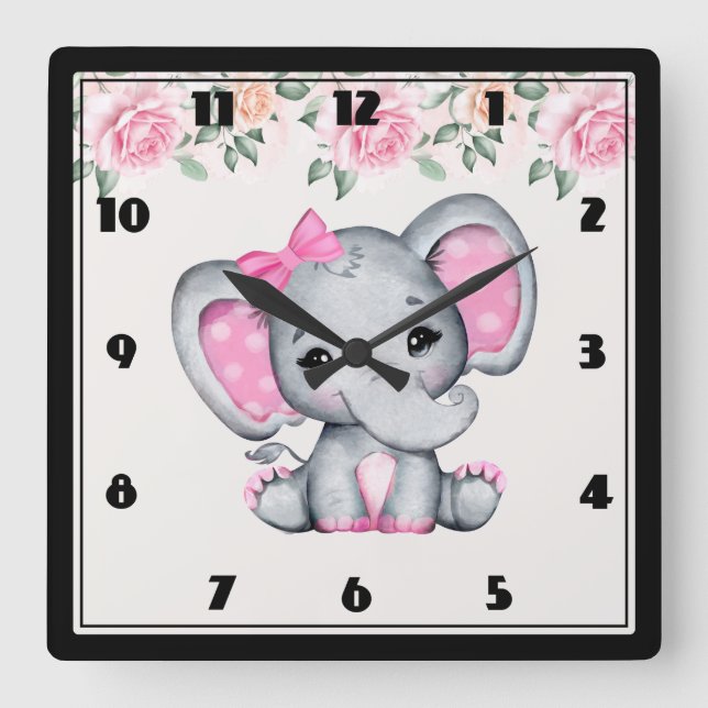 Niedlich Pink Baby Elephant und Rose Grenze Quadratische Wanduhr (Vorderseite)