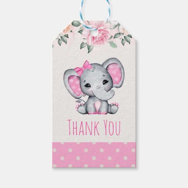 Niedlich Pink Baby Elephant und Rose Grenzen Viele Geschenkanhänger (Vorderseite)