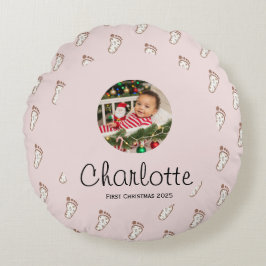 Niedlich Pink Baby Footprints Baby's First Christm Rundes Kissen