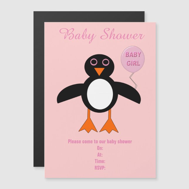 Niedlich Pink Baby Girl Pinguin Custom Baby Dusche Magneteinladung (Vorne/Hinten)