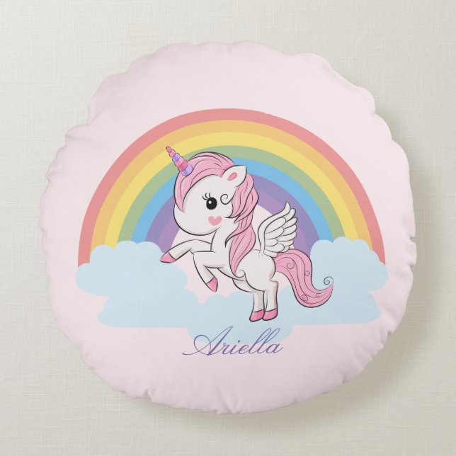 Niedlich Pink Baby Unicorn und Rainbow Rundes Kissen (Vorderseite)