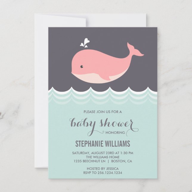 Niedlich Pink Baby Whale Baby Shower Einladungen (Vorderseite)