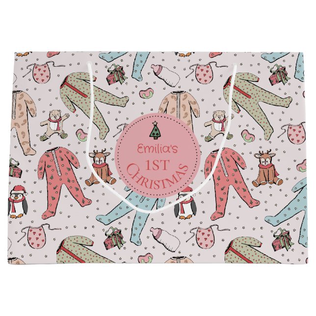 Niedlich Pink Baby's First Christmas Custom Große Geschenktüte (Vorderseite)