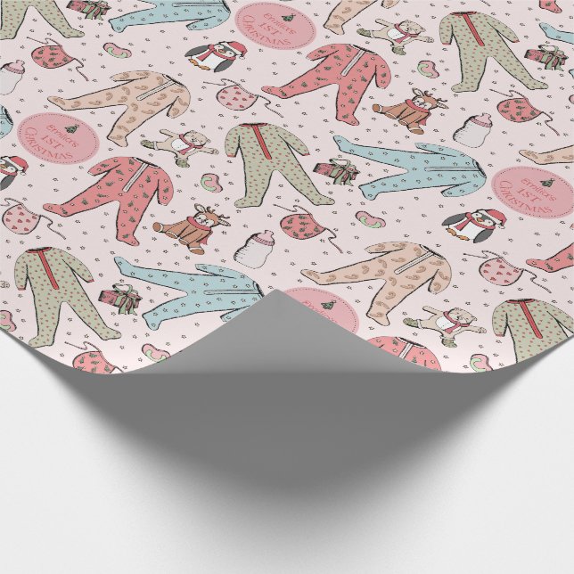 Niedlich Pink Baby's First Christmas Personalisier Geschenkpapier (Ecke)