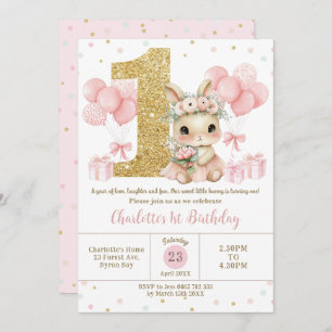 Niedlich Pink Ballerina Bunny Rabbit 1. Geburtstag Einladung
