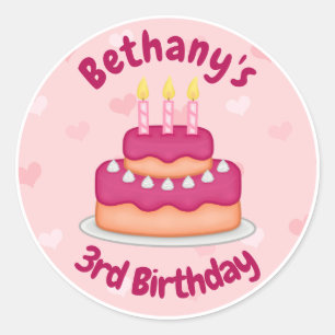 Niedlich Pink Birthday Cake 3 Kerzen zum 3. Geburt Runder Aufkleber