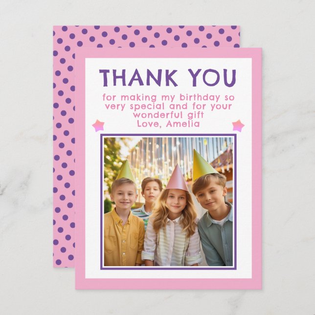 Niedlich Pink Birthday Foto Dankeskarte (Vorne/Hinten)