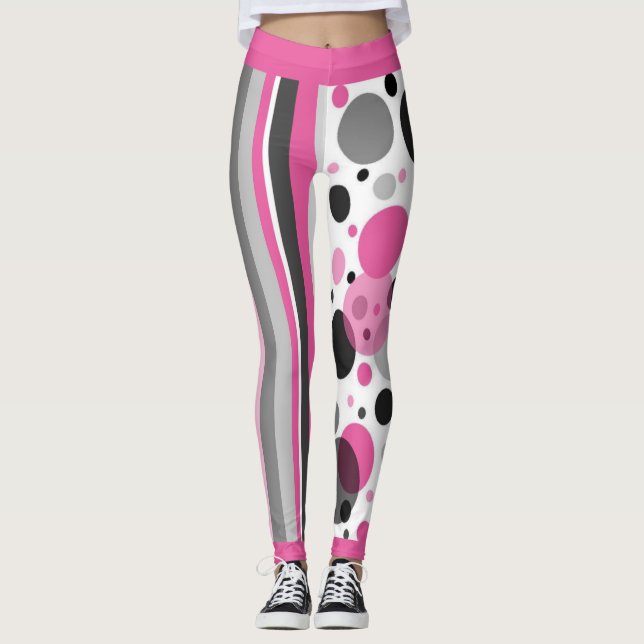 Niedlich Pink Black & Grey Abstrakt Polka Dot Leggings (Vorderseite)