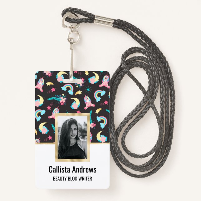 Niedlich Pink Black Unicoron Rainbow Floral Stars Ausweis (Vorderseite mit Schlüsselband)