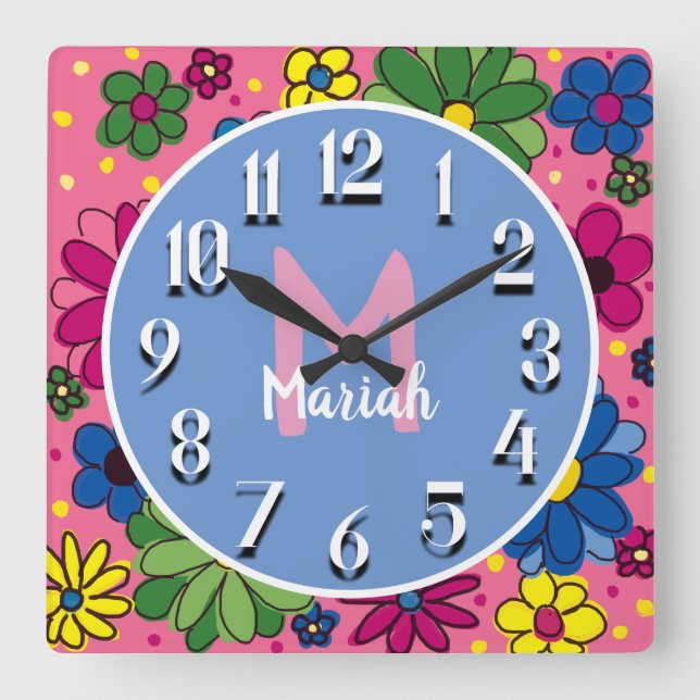 Niedlich Pink Blue Green Yellow Floral Monogram Quadratische Wanduhr (Vorderseite)