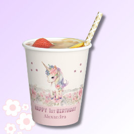 Niedlich Pink Blume Girl Unicorn 1. Geburtstag Pappbecher