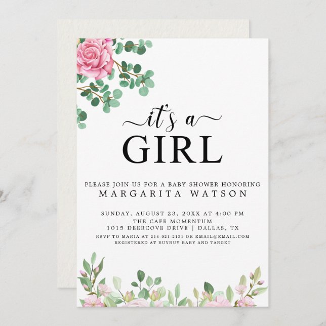 Niedlich Pink Blush Floral Wasserfarbe Girl Babydu Einladung (Vorne/Hinten)
