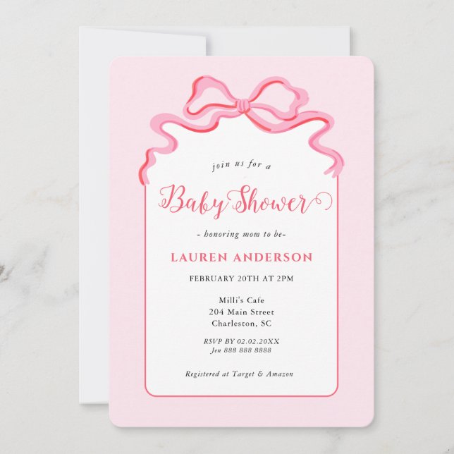 Niedlich Pink Bow Baby Shower Einladung (Vorderseite)
