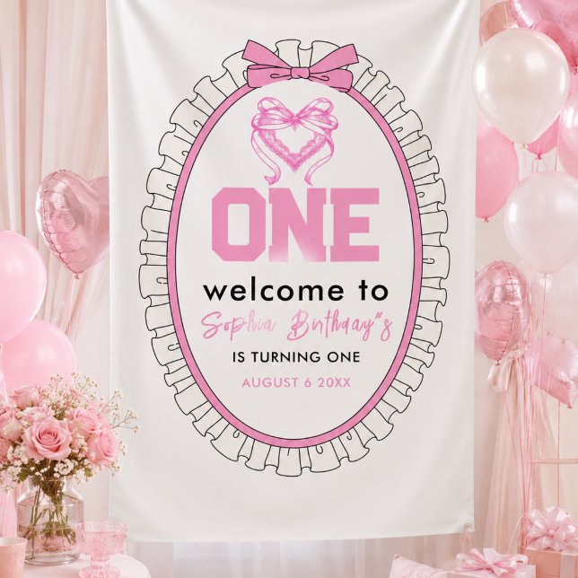 Niedlich Pink Bow Coquette 1. Geburtstag Banner (Cute Pink Bow Coquette 1st Birthday Banner)
