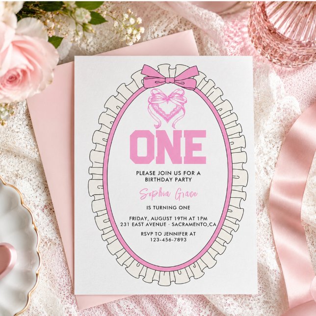 Niedlich Pink Bow Coquette 1. Geburtstag Einladung (Cute Pink Bow Coquette 1st Birthday Invitation)