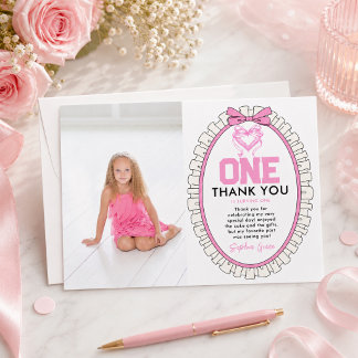 Niedlich Pink Bow Coquette 1. Geburtstag Foto Dankeskarte