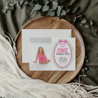 Niedlich Pink Bow Coquette 1. Geburtstag Foto Dankeskarte