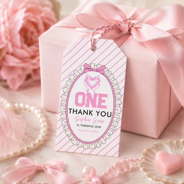 Niedlich Pink Bow Coquette 1. Geburtstag Geschenkanhänger (Cute Pink Bow Coquette 1st Birthday Gift Tags)