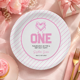 Niedlich Pink Bow Coquette 1. Geburtstag Pappteller