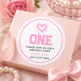 Niedlich Pink Bow Coquette 1. Geburtstag Runder Aufkleber