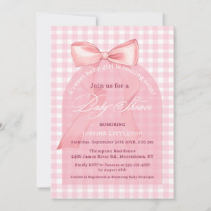 Niedlich Pink Bow Gingham Arch Script Girl Baby Du Einladung