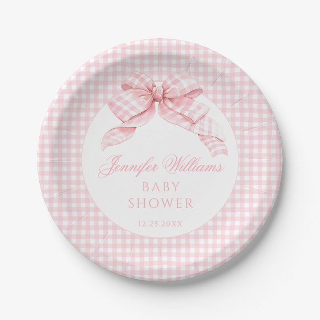 Niedlich Pink Bow Gingham Baby Girl Dusche Pappteller (Vorderseite)