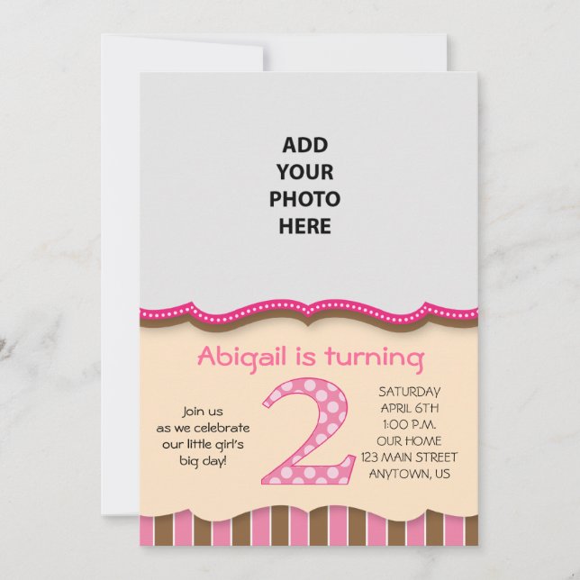 Niedlich Pink/Brown Girls Zweiten Geburtstag Einladung (Vorderseite)
